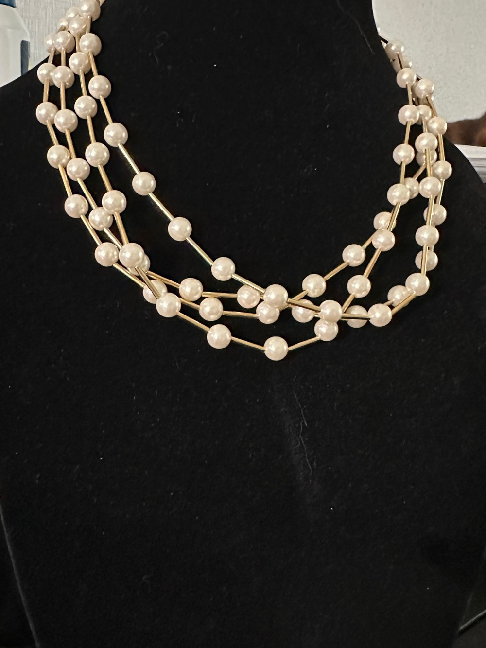Signed Avon Vintage 3-Strand Faux Pearl Gold Tube Bar Necklace 19"